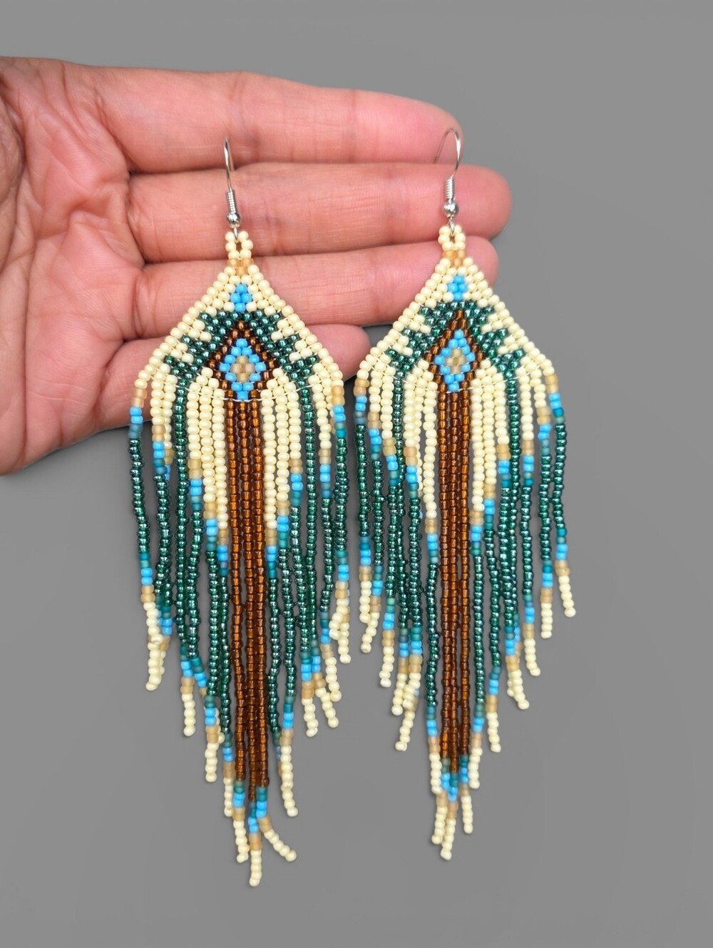Gaia Beaded Earrings Boho Fringe Southwestern Handmade Cream Green